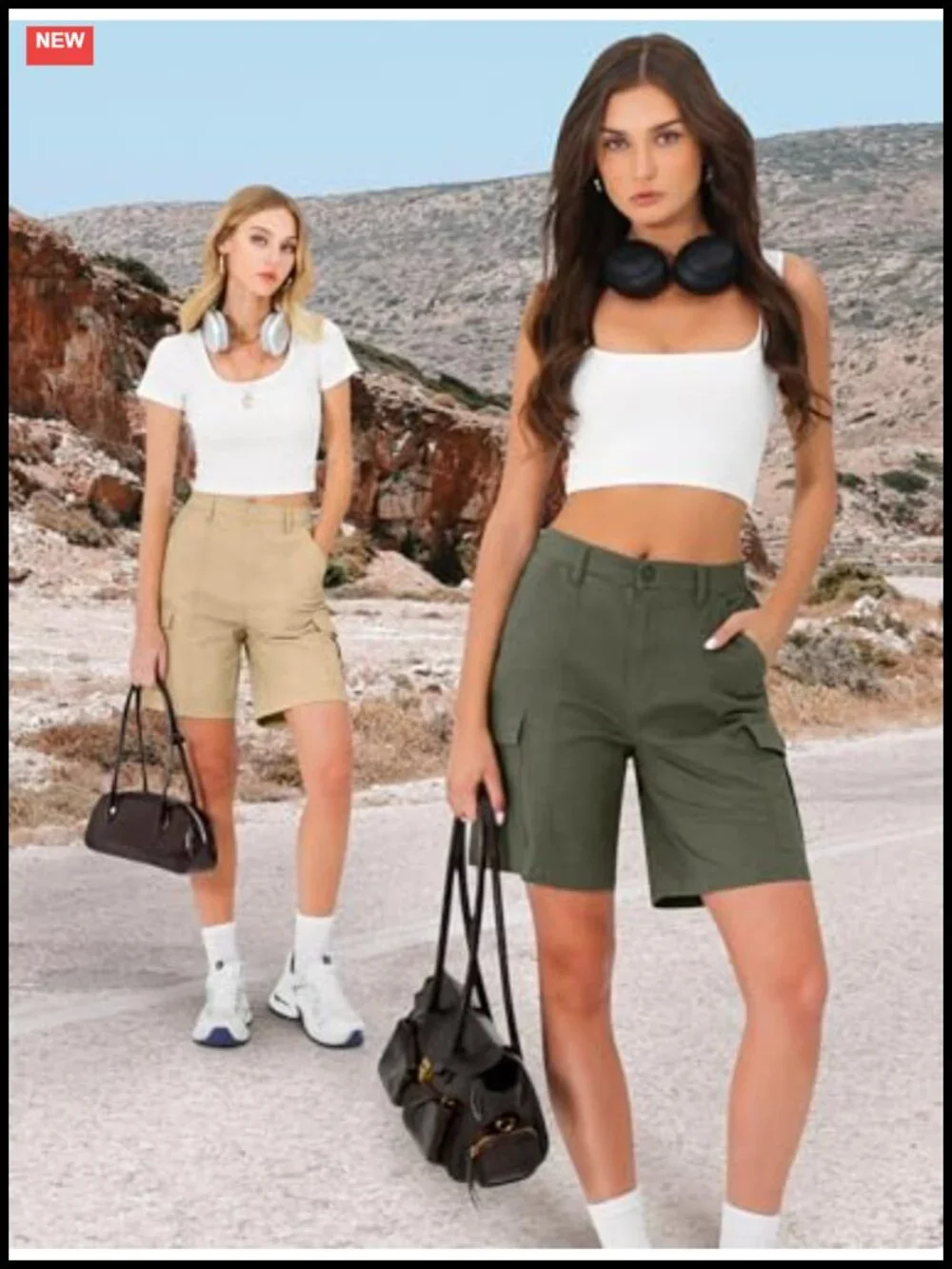 High Waisted Bermuda Cargo Shorts for Women Knee Length 6 Pockets Cotton
